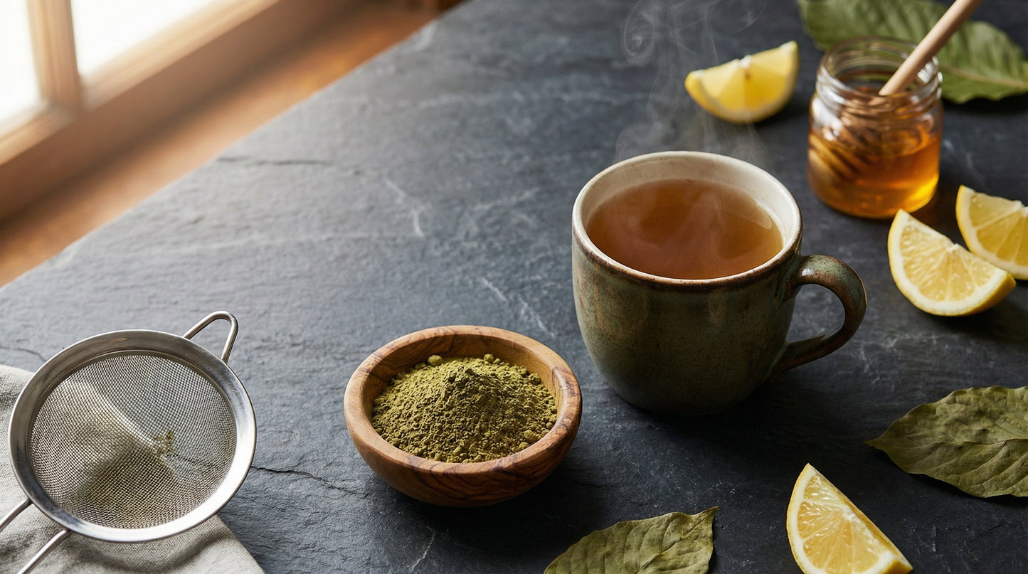 Freshly brewed kratom tea in a ceramic cup with kratom powder, lemon wedges, honey, and a strainer on a dark slate surface