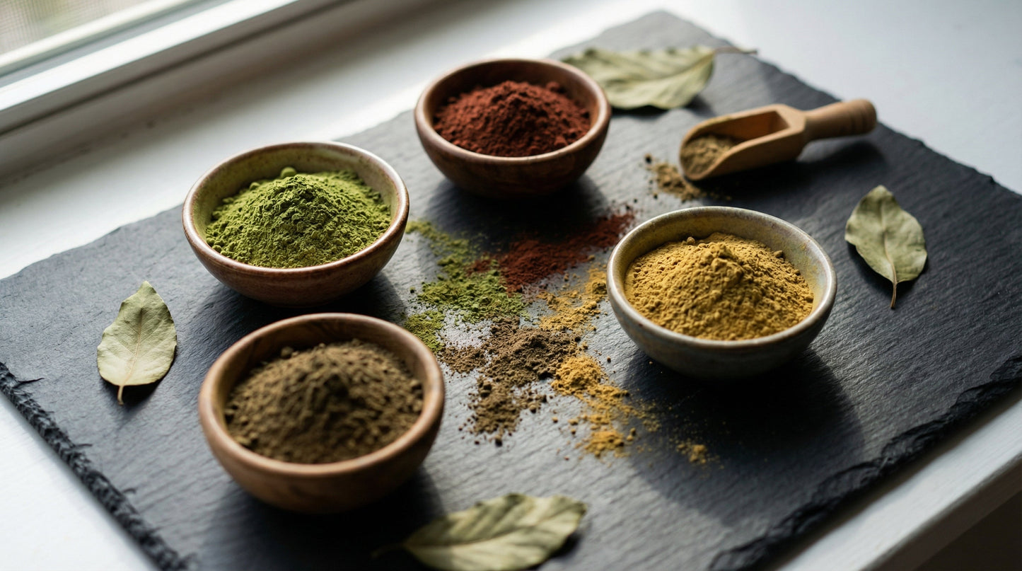 Multiple kratom powder varieties arranged for blending