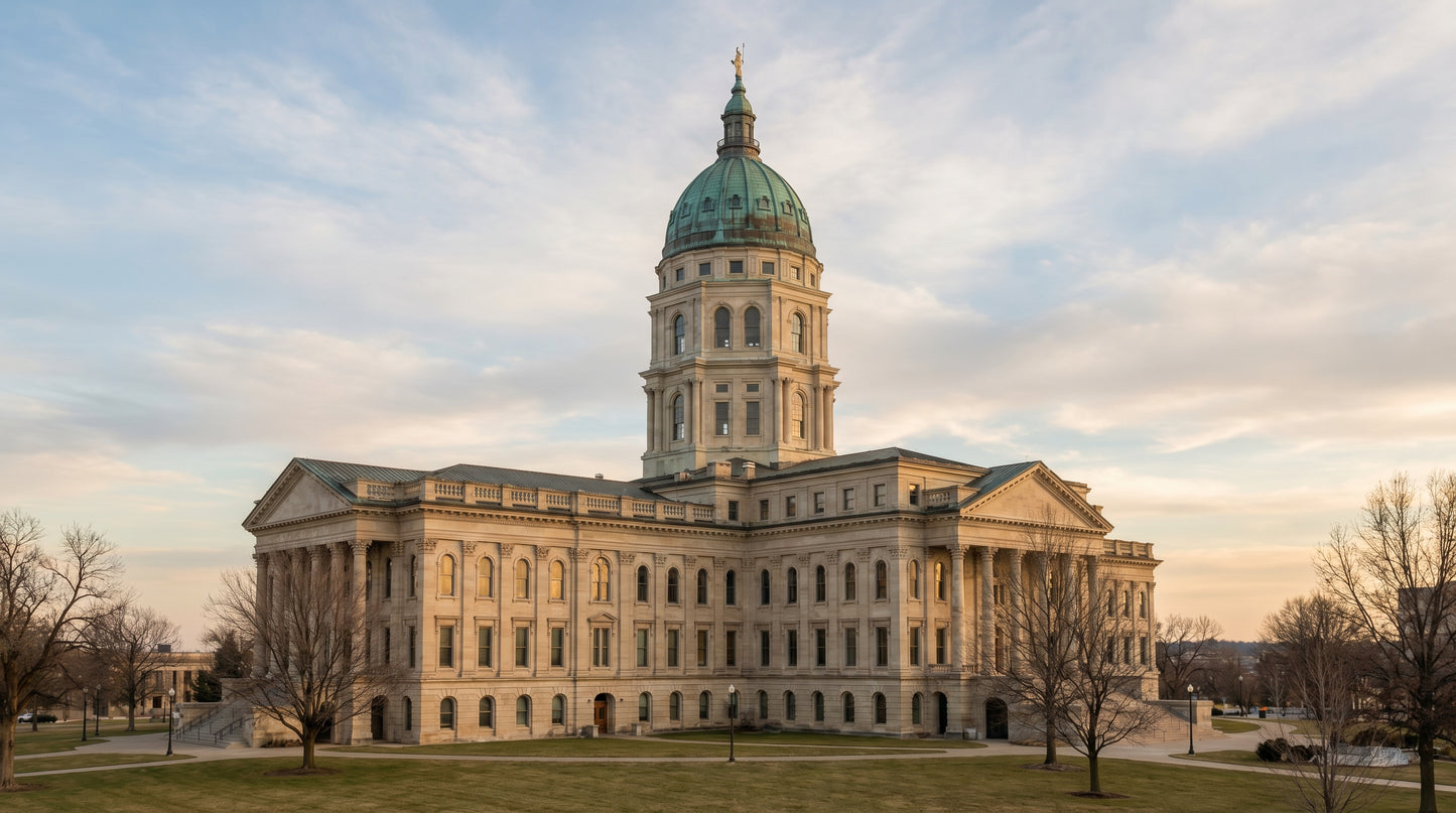 Kansas State Capitol building with copper-green dome under a late-afternoon prairie sky