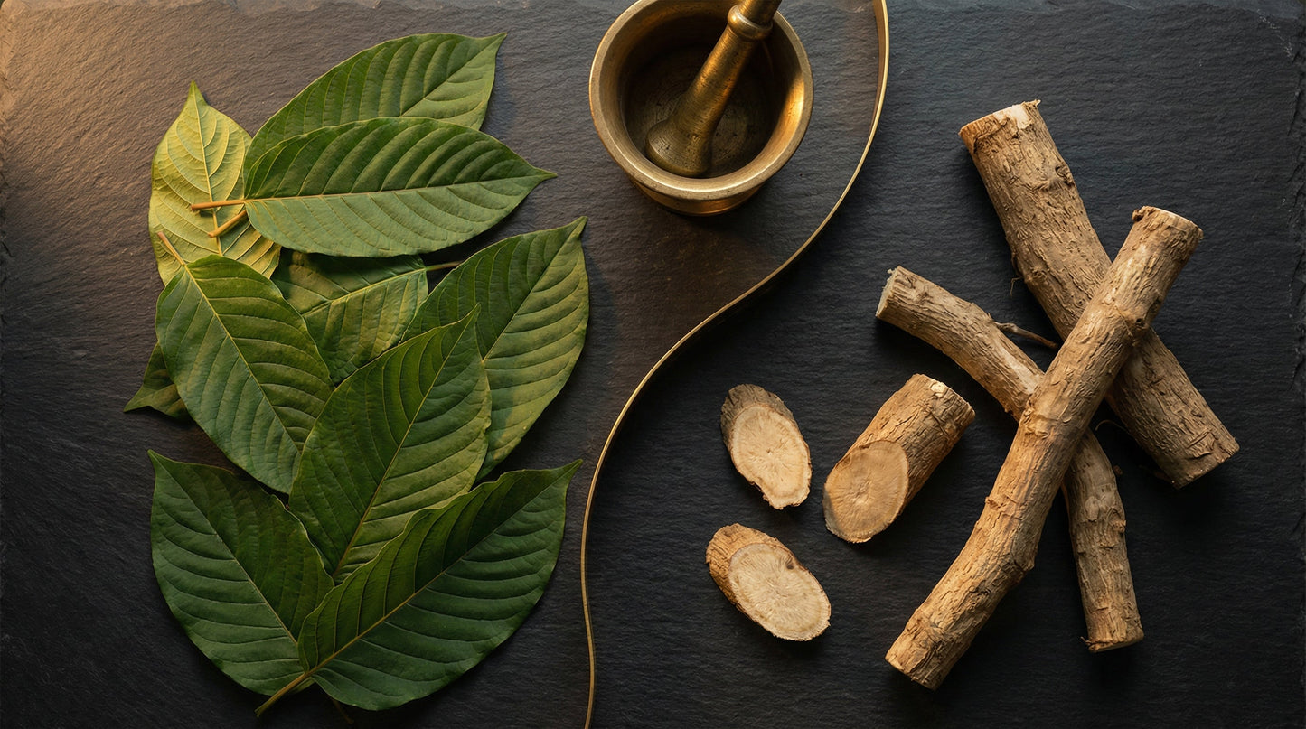 Fresh kratom leaves and kava root pieces on dark slate with brass mortar and pestle, comparing the two popular herbal products