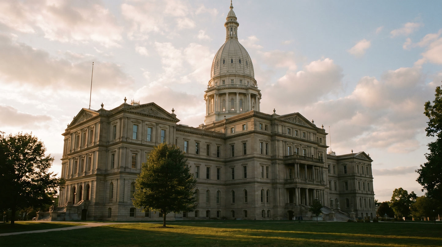 Michigan State Capitol building exterior at golden hour, sandstone facade with classical dome silhouette and warm late-afternoon light