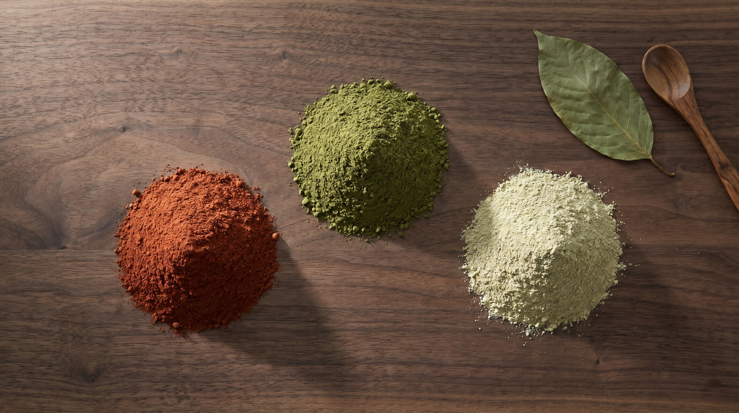 Three small piles of kratom powder in red, green, and white shades arranged on a dark walnut wood surface, with a single kratom leaf and wooden spoon as accents