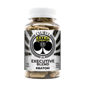 A bottle of Club13 Extra Strength Executive Blend Kratom Capsules
