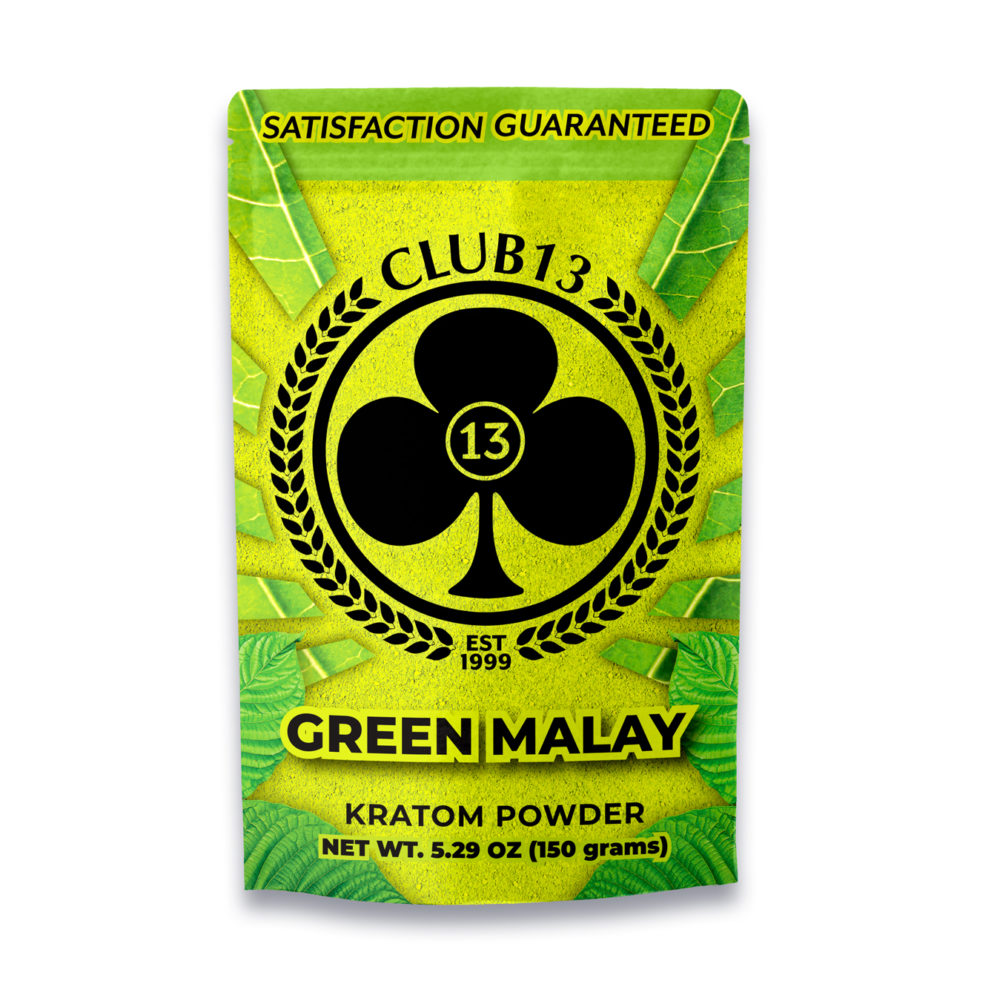 A bag of Club13 Green Malay Kratom Powder 150 Grams