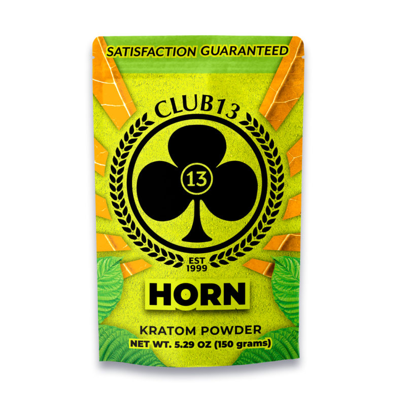 A bag of Club13 Horn Kratom Powder 150 Grams
