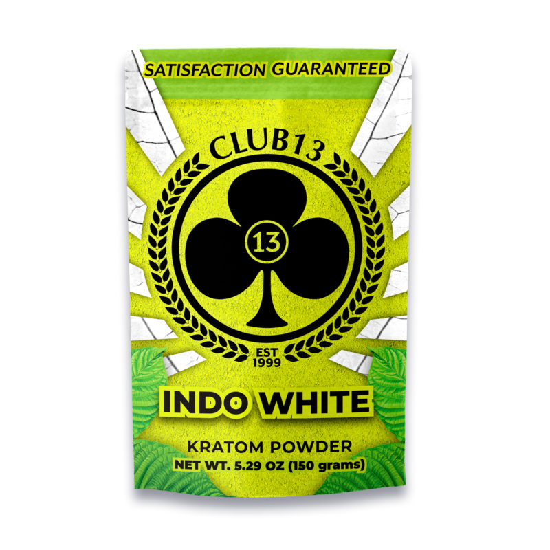 A bag of Club13 Indo White Kratom Powder 150 Grams