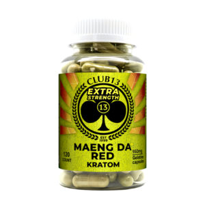 A bottle of Club13 Extra Strength Maeng Da Red Capsules