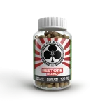 A bottle of Restore Blend Kratom capsules with 120 capsules of Kratom Powder inside.